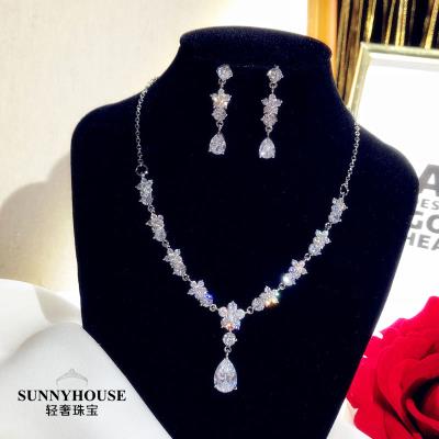 Han Style Fine Minimalist Bride Wedding Zircon Necklace Earrings Set Super Shiny Temperament Wedding Dresses Dinner Jewellery