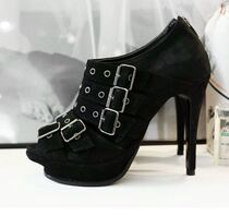 Korea handmade custom fashion Roman wind belt decorated fish mouth waterproof table turning fur high heel shoes