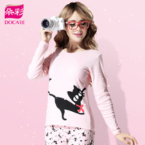 Colorful cartoon kitten printed autumn pants womens cotton set round neck thin thermal underwear cotton sweater