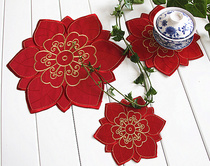 Red wedding Christmas flower fabric Table mat Plate mat Bowl mat coaster shooting props Double layer cloth