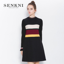 St Kony mall with the same new wool contrast color thin autumn and winter long-sleeved dress female stripes comfortable a word