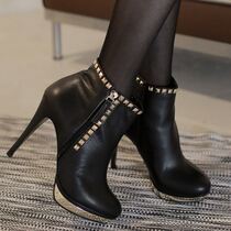 South Korea Elegant Handmade Custom Cow Leather Rivet Golden Waterproof Table Collage Fine High Heel And Ankle Short Boot