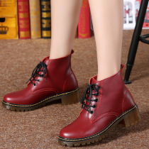 Spring and autumn new leather Martin boots female British 5-hole short boots low-heeled flat motorcycle boots couples single boots