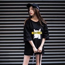 xxcheat 2018 spring summer new item pop brand blindfolded cat three-point sleeve T-shirt oversize long
