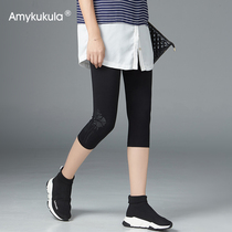 Summer three-point pants leggings womens thin slim fit outside wear fat mm large size stretch tight casual sweatpants print