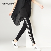 Pure cotton leggings womens summer wear nine points thin thin stretch stripe sports large size fat MM black