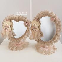 Korean-style lace bear makeup mirror vintage desktop large princess mirror heart shape dressing mirror double-sided cute mirror