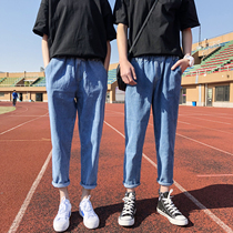 Couples denim pants Korean version of loose waist small straight feet ankle-length pants men and women wild couples