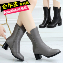 2021 Spring and Autumn Winter single boots full cowhide thick heel boots leather boots mid-heel boots female boots mid-boots riding boots half boots