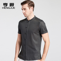 New Chinese style linen short sleeve shirt mens Chinese National vintage mens shirt middle-aged Tang suit inch summer