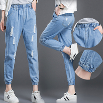 Spring and autumn tightness waist bunches Jeans Female shrink legs Closeup Big Code Loose Hallen 90% Pants Women Small Feet Long Pants