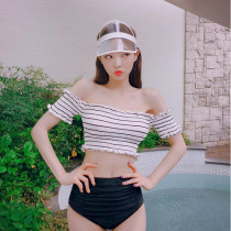 South Korea White Cute Student Swimsuit Conservative Shade of Shoulder Split Swimsuit With Slim Striped Bikini Girl