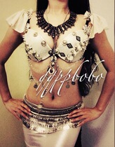 Original design fusion tribal belly dance performance set: Penang gold gray performance top chest hanging waist chain