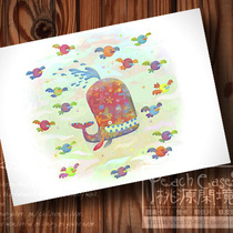 Colorful hipster Intensive Colorful Whales and Birds Illustration Hand-painted Wind Card Postcards