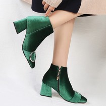 Velvet apricot wine red green boots female wedding shoes coarse heel high heel short boots large size womens boots small size womens shoes AYY