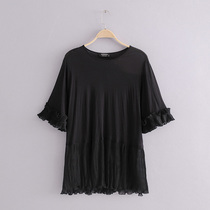 Ancient ancient home Custom Xia 2018 new fat MM200 Loose Round Collar Lotus Leaf sleeve T-shirt Women up for extra short sleeves