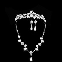 New bridal alloy pearl headdress crown necklace earrings three-piece jewelry set rhinestone styling accessories