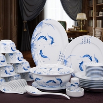 Tableware dishes Household Chinese 10 people dish set Jingdezhen blue and white ceramics creative bone china tableware combination