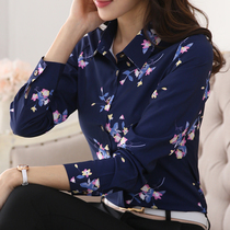 2019 Spring and Autumn New Chiffon Plus Velvet Blouse Women Long Sleeve Shirt Slim Flower Thick Top Mother Print