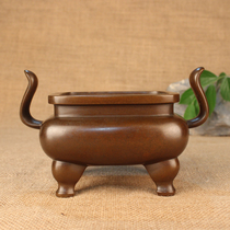 Copper incense burner like hand-made antique Xuande furnace milk foot Crown ear vertical square mouth furnace line bed incense burner pure copper
