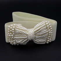Bow white pearl fashion lace decoration Wild wide belt Womens Korean version elastic waist cover dress accessories