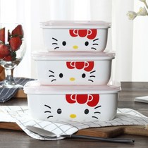 Ceramic lunch box Microwave oven Student lunch box Sealed bowl Fresh bowl with lid Three-piece set rectangular refrigerator special