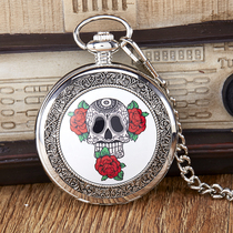 White Bottom Retro Three Rose Flowers Cartoon Skulls Skull Head Clamshell Hanging Watch Male And Female Quartz Sculptures Flowers Nostalgge 0