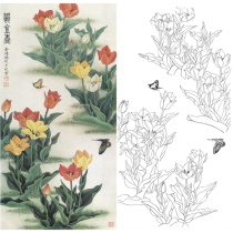 Gongbi painting white sketch background draft Tulip flowers and birds Jin Hongjun physical hook line print draft 66*126 with color map 115T