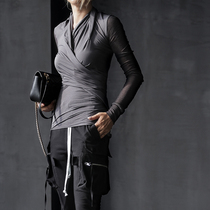 Z boss spring and summer new products wrinkled pleated perspective long sleeve slim base shirt French irregular short T-shirt blouse