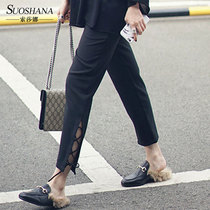 Spring and summer split strap western pants radish small feet high waist female models Yang Mi casual trendy thin models net red