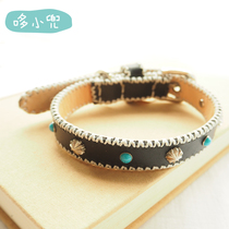 Duo Xiaodou handmade black leather vegetable tanned leather hand-stitched collar cat dog pet collar leather bell lettering customization