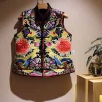 Cloud decoration totem original design womens top horse clip ethnic style hand-embroidered new embroidered peony silk satin vest