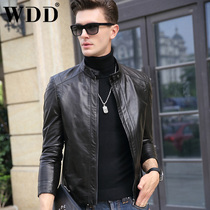 2021 new leather leather mens goatskin stand-up collar short biker jacket slim thin leather handsome jacket