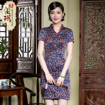 Xi Yueyu-Summers new crushed flowers open with heavy pound genuine silk qipao short and improved daily open fork retro dress