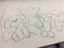 Gigi Meow fetal hair painting-happy boy and his dog