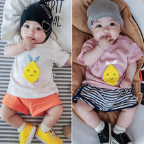 Baby short sleeve clothes Summer men and women baby cotton T-shirt thin round neck shoulder button soft top 06-9 12 months