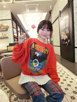 BORAKOO Korea East Gate Autumn Eagle ~ Red Splice White Fungus Pleated Edge Lantern Sleeve Sweatshirt