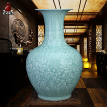 Jingdezhen ceramics powder green glaze table vase carved entangled lotus lotus landing large vase bottle wax gourd