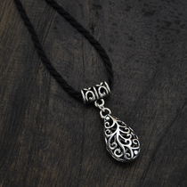 Original Handmade Black Rope Seedlings Silver Hollow Water Drop Necklace Clavicle Chain Womens Literary Folk Style Ornaments