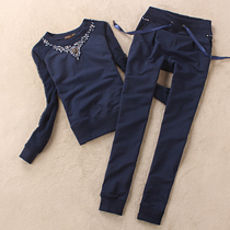 European and American wind autumn new round collar sports suit female nail pearl lace splicing pure cotton small foot pants casual suit suit