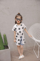 Summer Scout Childrens printed pentagram Short sleeves Hem Clot Skirt Hem girls mid-length T-shirt SG7701