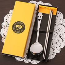 Smiley face hollow round spoon chopsticks stainless steel tableware big spoon chopsticks wedding Two-Piece Gift tableware