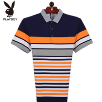 PLAYBOY Playboy short sleeve t-shirt polo flap elastic thin striped men 18 Summer new cotton quality