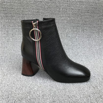 Withdrawal Cabinet Breaking Code Handling Women Shoes Factory Autumn winter style genuine leather square head cow leather zipper coarse heel retro cotton boot female short boot