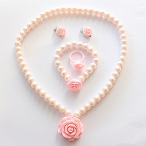 Korean version of the child pearl necklace set Girl rose necklace ring ear clip Princess baby jewelry