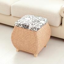 Solid wood grass woven storage stool storage stool Rattan woven shoe stool can sit adult storage box multi-function sofa stool