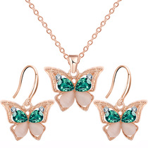 Fashion jewelry European and American fashion simple jewelry set Green crystal inlaid butterfly pendant necklace earrings set for women