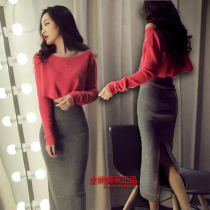 Spring and Autumn new night womens fashion suit sexy short long-sleeved top split skirt two-piece suit skirt