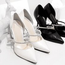 South Korea Handmade Custom Sexy Woman Taste Stick Drill Side Air Pointed Bull Leather Fine Heels 2 Colors