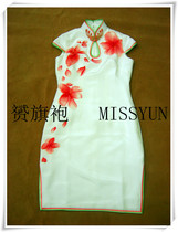 2018 summer new Mosu white hand-painted pink petals handmade flower buckle silk cheongsam dress summer dress